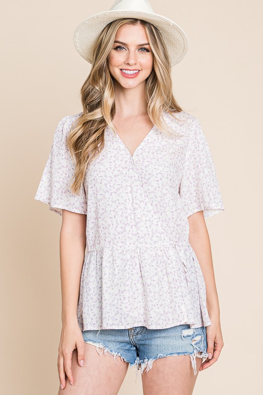 Ditsy Print V-Neck Short Sleeve Wrap Blouse - Ivory/Lavender