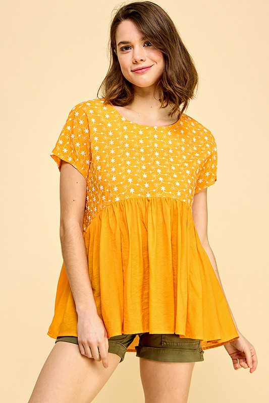 Embroidered Short Sleeve Pleated Babydoll Top - Orange