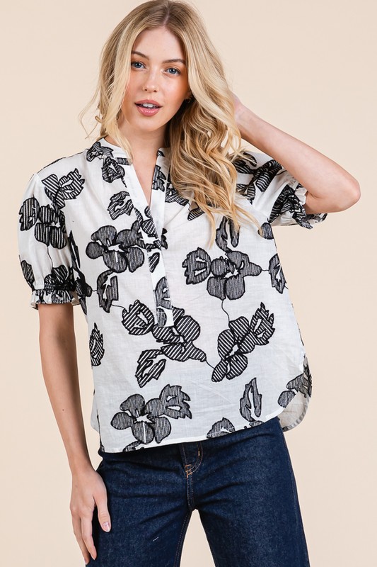 Embroidered Split Neck Puff Sleeve Blouse - Ivory/Black