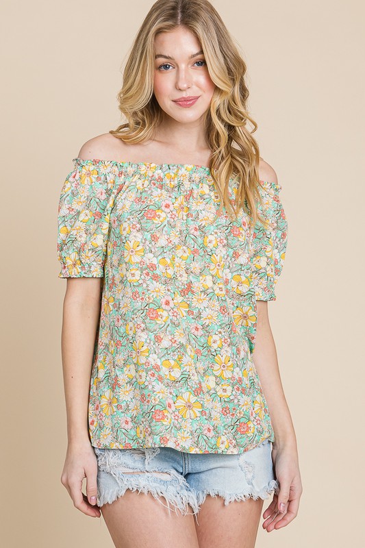 Floral Print Short Sleeve Off-The-Shoulder Blouse - Mint Combo