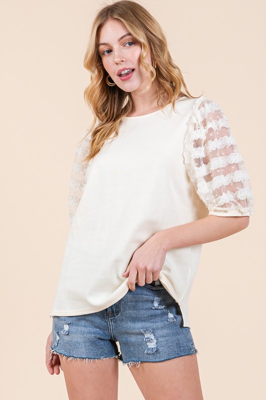 Full Size Lace Puff Sleeve Round Neck Top Plus Size - Cream