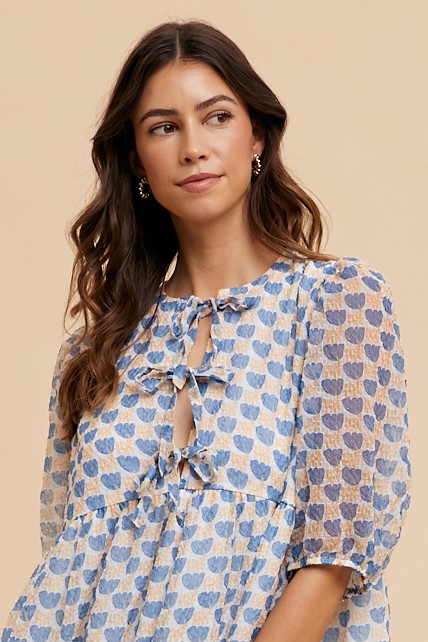 Printed Front Tie Closure Babydoll Blouse - Royal