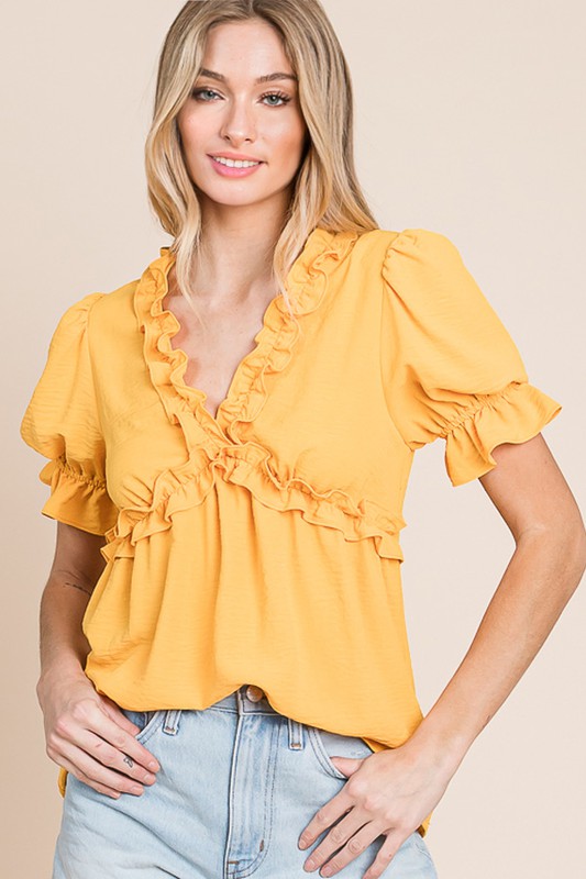 Solid Ruffled Deep V-Neck Puff Sleeve Babydoll Top - Mango